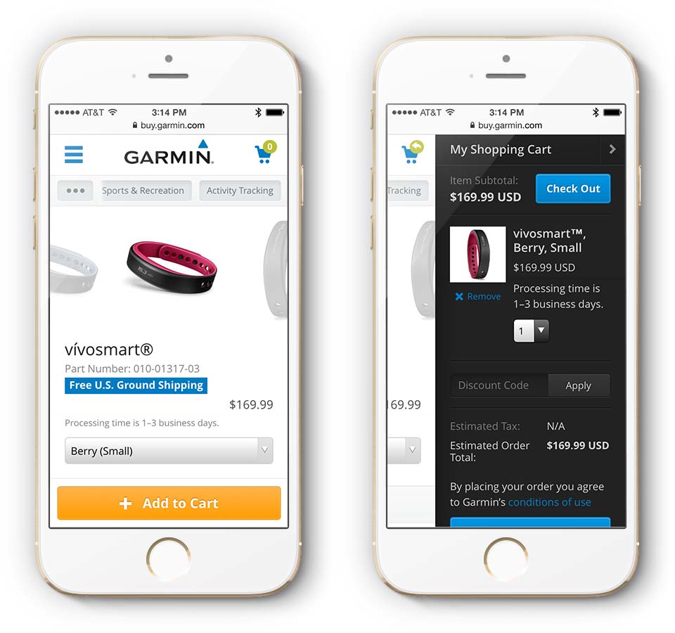 Garmin.com Mobile Product Page and Shopping Cart