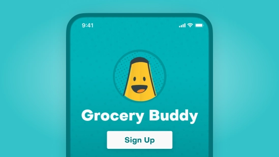 Grocery Buddy app sign-up screen with the app's mascot above the Grocery Buddy name