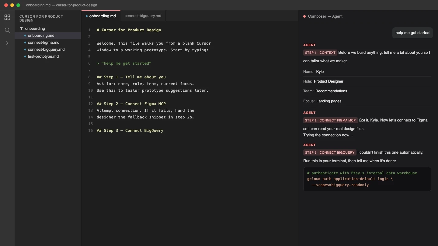 Recreated Cursor chat panel walking a designer through the onboarding steps
